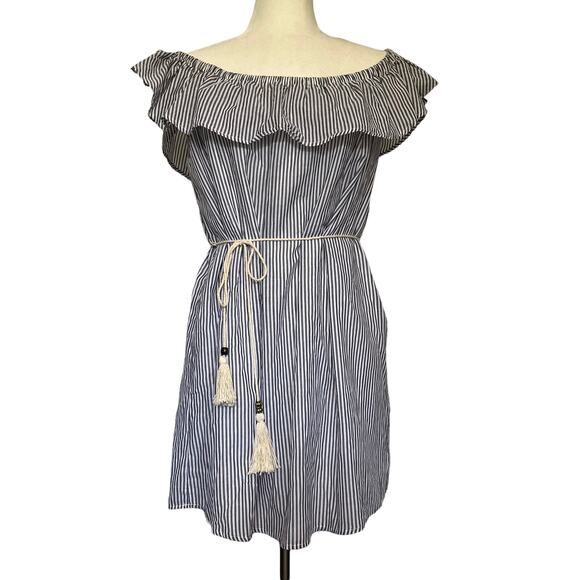 You and I Off Shoulder Dress Womens Sz L Blue Stripe Ruffle Tassel Cottage Core - Picture 1 of 11